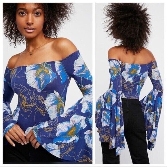 Free People 90’s Bell Sleeve Birds of Paradise Top in Blue Small - Picture 1 of 7